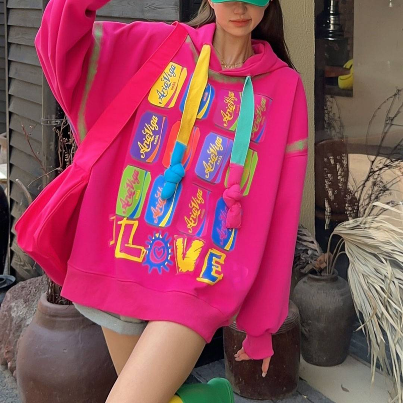 Dameskleding grote versie mode print niche trendy cool creatief losse luie stijl medium en lange capuchon trui dames herfstjas_voghion.com