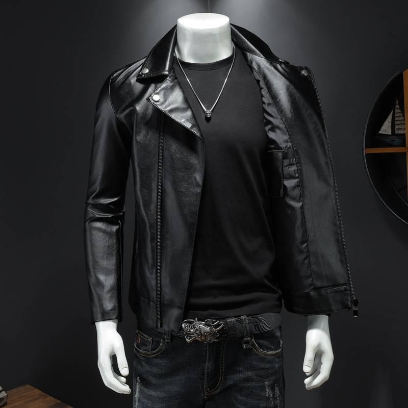 Men's Clothing Leather Jacket Handsome Leather Jacket Stand Collar Oblique Zipper Slim Fit Cycling Clothing Motorcycle Jacket_voghion.com