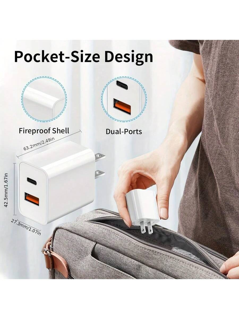 Adaptador de corriente USB-C rápido dual de 20 W: carga rápida, puerto dual, cable tipo C de 1,8 m, compatible con iPhone 15 y iPad._voghion.com