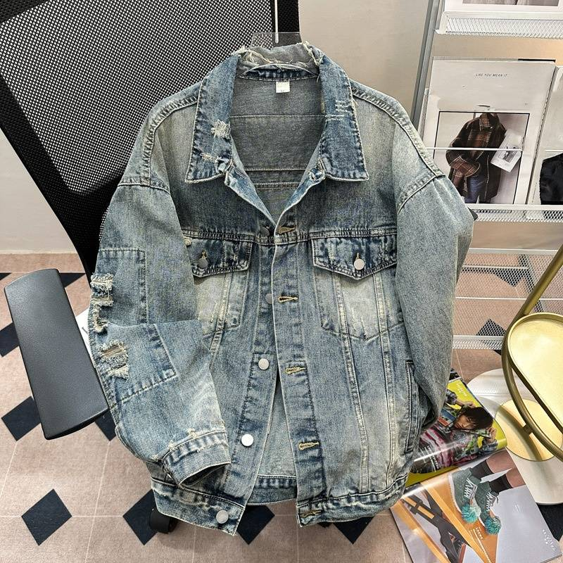 Distressed Denim Jacket Men's High Street Fashion Oversized Workwear Style Vintage Washed Cotton Blend Coat With Multiple Pockets_voghion.com