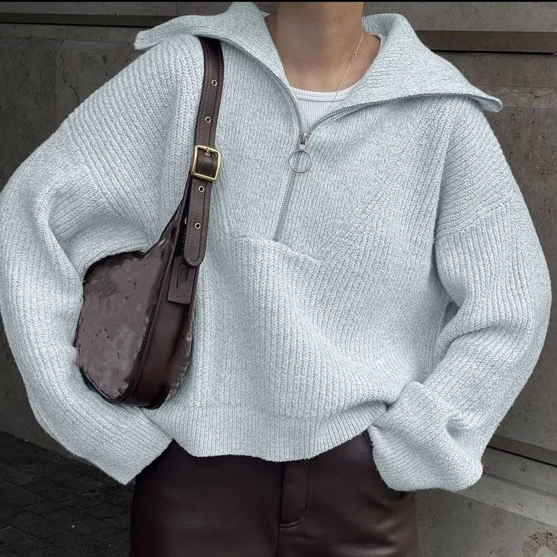 Übergroßer Strickpullover mit Reißverschlussdetail – weicher und stylischer Pullover für Damen (V-Ausschnitt, lange Ärmel, bequeme Passform, mehrere Farben)_voghion.com