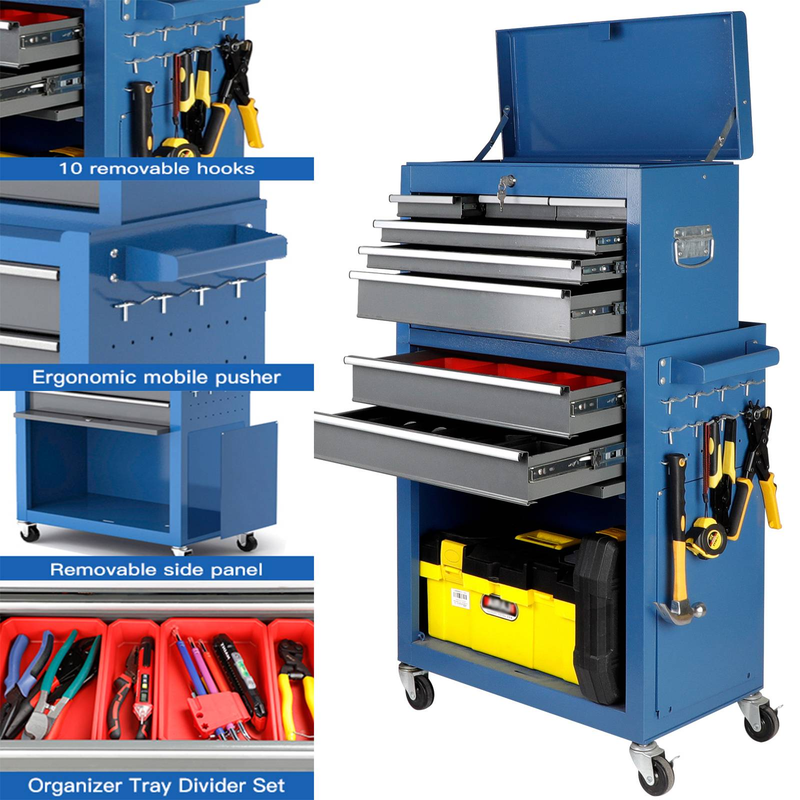 Coffre à outils, boîte à outils à 8 tiroirs avec roulettes, boîte à outils 2 en 1 avec dessus amovible, grande armoire de rangement de 42 pouces avec roulettes verrouillables_voghion.com