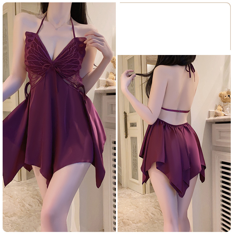 Rose Backless Chemise & Robe Set – Ondersteunende beugels van satijn met verkoelende voering, plus size loungewear (zwart/wit/bordeauxrood)_voghion.com