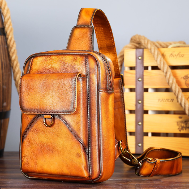 Men's Genuine Leather Crossbody Bag - Premium Full Grain Cowhide, Vintage Style, Large Capacity For Travel & Daily Use Brushed Color Chest Bag Men_voghion.com