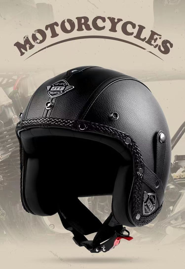 Vintage-Motorradhelm aus Leder mit Bluetooth und Retro-Brille – 3/4-Open-Face-Design, handgefertigte ABS-Schale, Unisex-Erwachsenengrößen (S-2XL)_voghion.com
