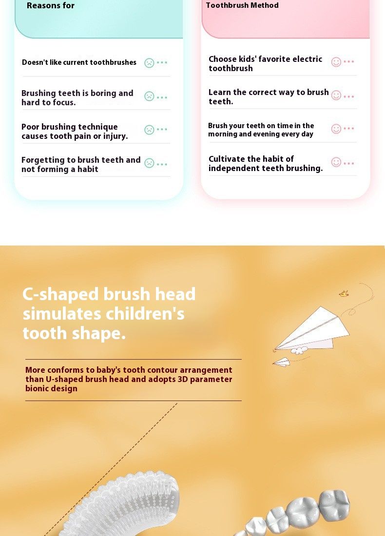 Cepillo de dientes eléctrico infantil en forma de U: 3 modos, limpieza de 360°, cerdas suaves de silicona, silencioso (36 dB), recargable, diseño de elefante (con pasta de dientes)_voghion.com