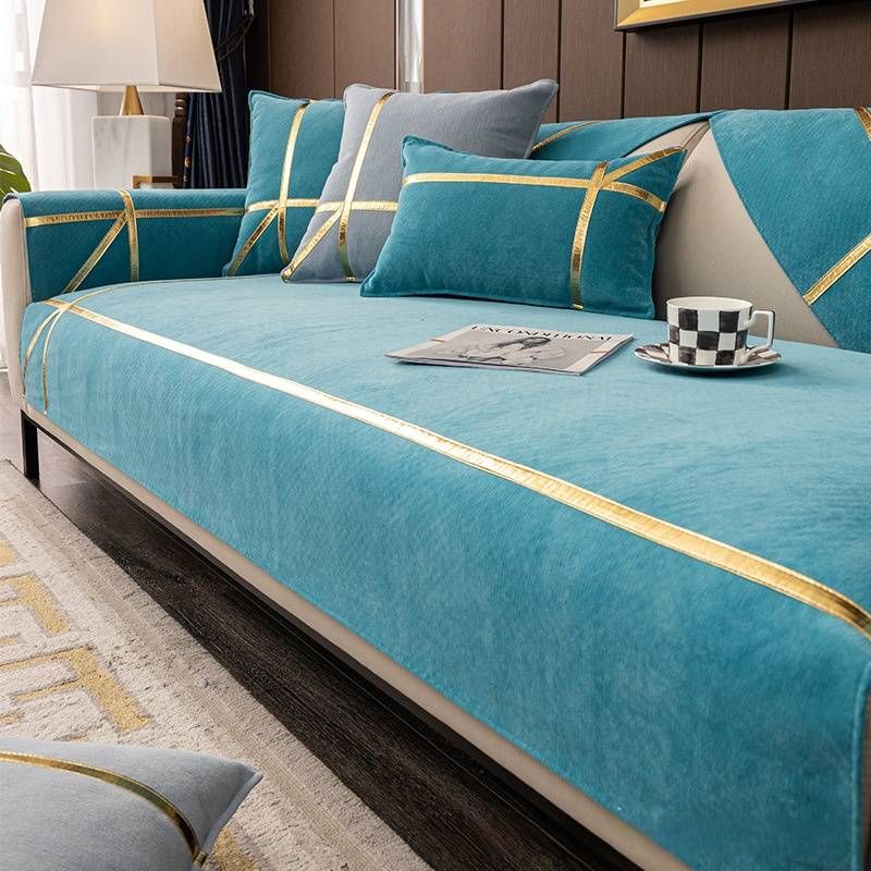 Luxury Chenille Sofa Cover Set With Cloud Gold Trim – Anti-Scratch, All-Season Fabric Protector For Sectional Couches_voghion.com