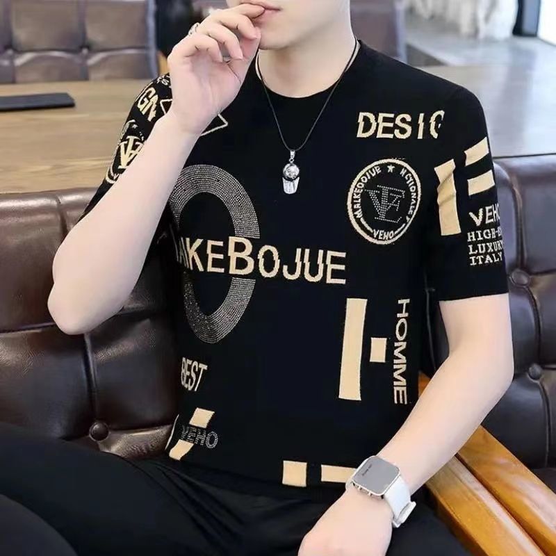 Men's Summer 2023 New Ice Silk Short-sleeved T-shirt Fashionable Brand Fashionable Half-sleeved T-shirt Loose Round Neck Top Clothes for Men_voghion.com