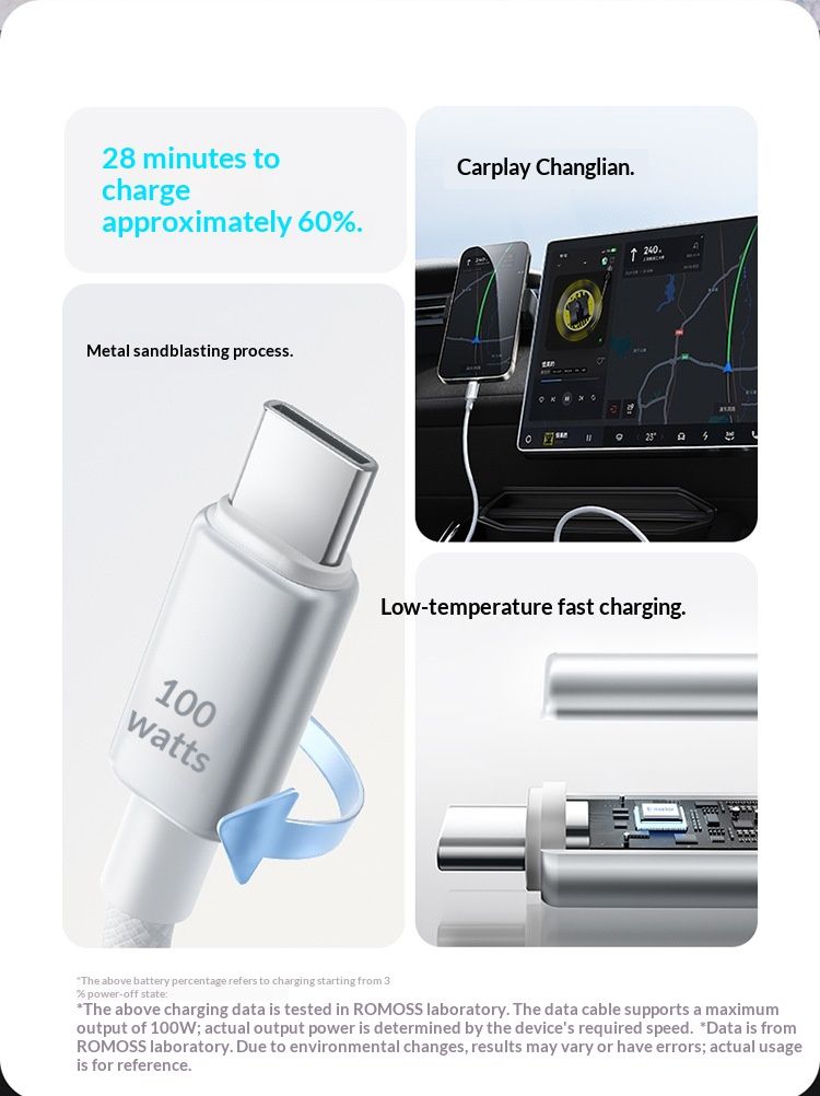 Câble de charge Digitex Romoss Data 5A ultra-rapide compatible avec les téléphones Huawei, double port USB-C PD, 100 W_voghion.com