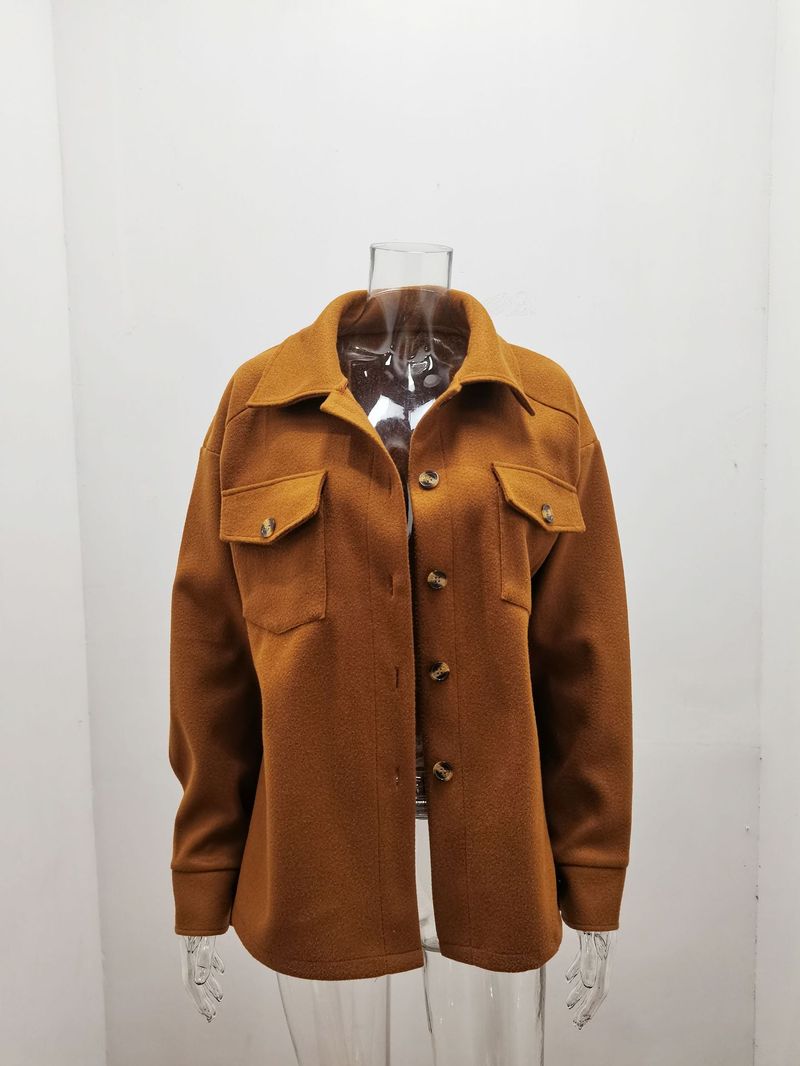 Women's Long Sleeve Temperament Solid Color Polo Button Lace Up Woolen Coat_voghion.com