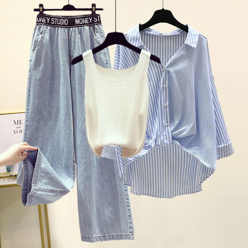 Damkläder Sommar Gatukläder Kändiskläder För Damer Stil Något Tjock Randig Skjorta Små Hängslen Vida Jeans Tredelad Kostym_voghion.com