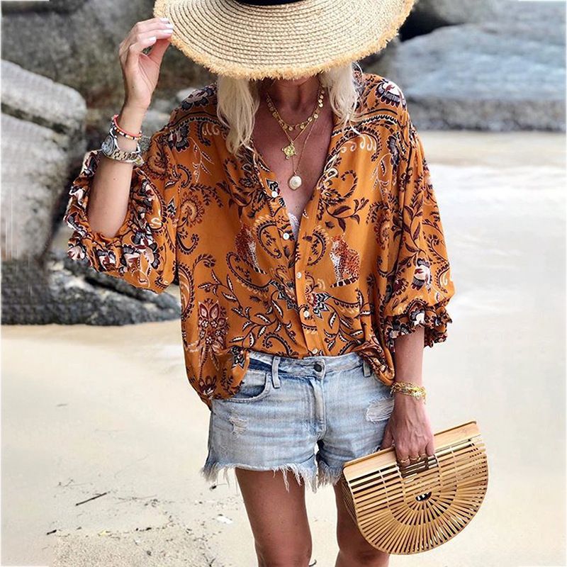 Damenbekleidung Frühling und Sommer Rüschen Langarm Neu Bedrucktes Loose Fashion Einreihiges Oberteil_voghion.com
