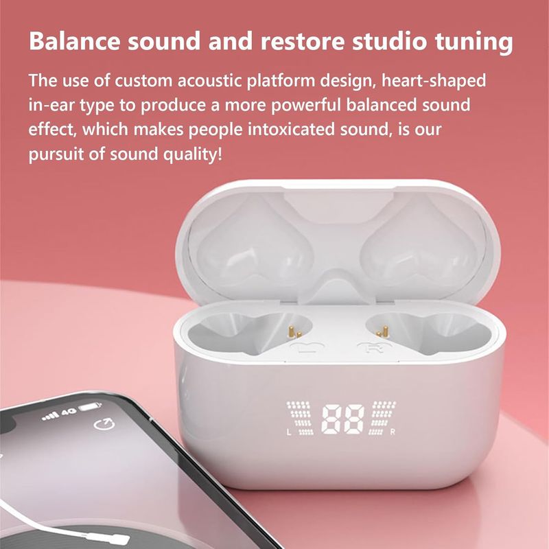 Cuffie Bluetooth wireless digitali a forma di cuore aggiornate con custodia di ricarica, cuffie leggere e microfono integrato, rosa_voghion.com