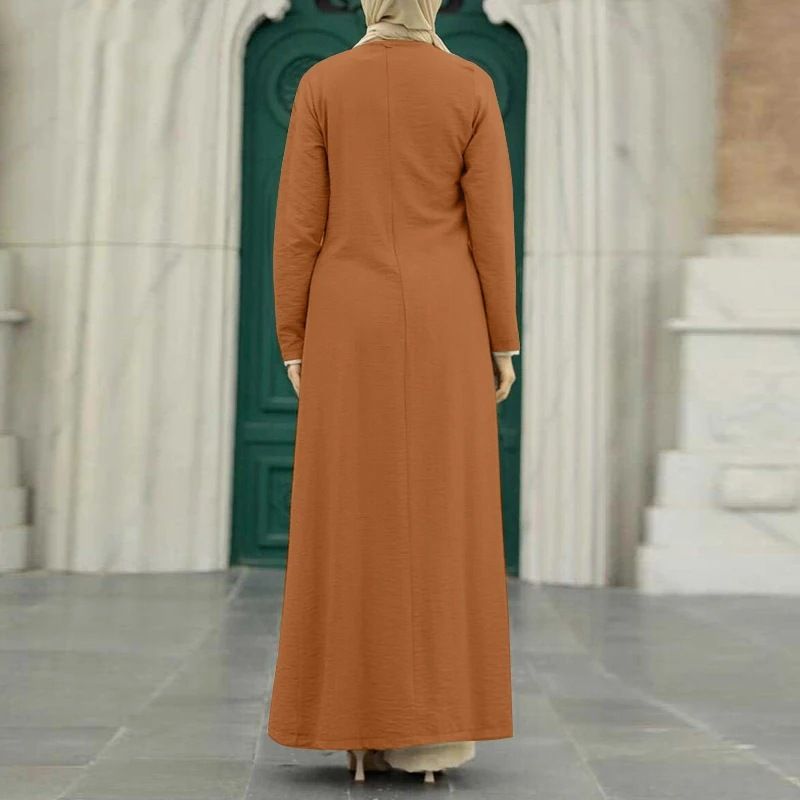 Muslim Women's Suit Ice Silk Wrinkled Long Sleeves High Slit Hem Fashionable Solid Color Elegant Temperament Robe_voghion.com