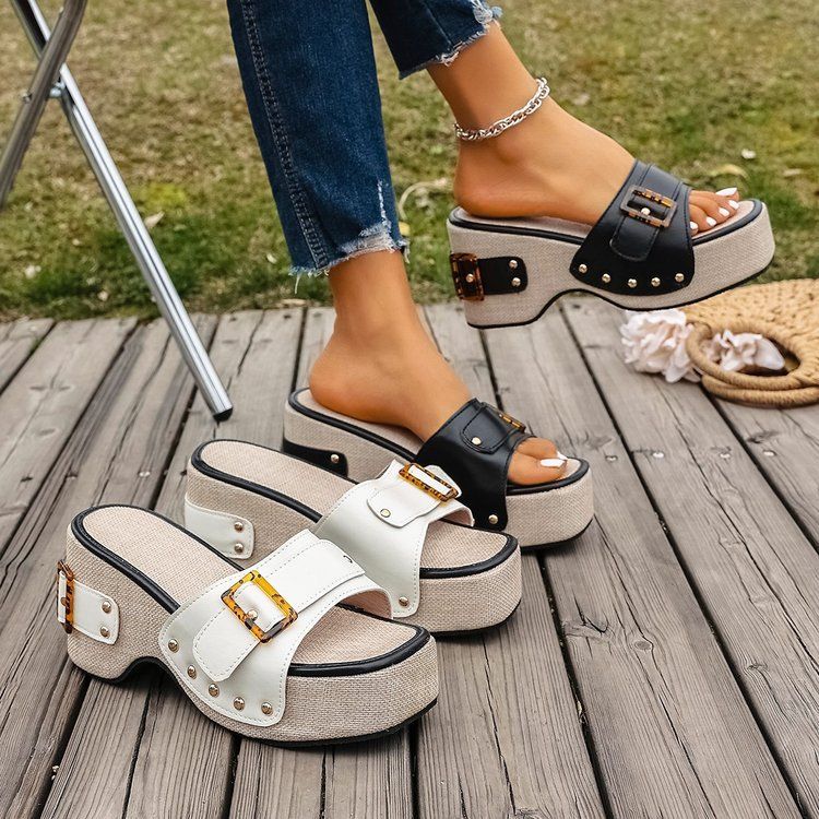 Women's Shoes Large Size 43 Square Heel Thick Sole Heightening Style One Strap Sandals Summer Buckle Rivet Women's Shoes_voghion.com