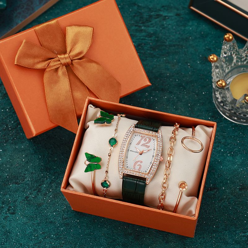 5pcs/set Women's Rhinestone Square Ins Belt Quartz Watch Butterfly Inlaid Bracelet Gift Box Set_voghion.com