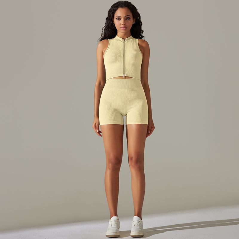 Ensemble de costume de Fitness en cours d'exécution de Yoga de sport de fermeture à glissière de fil tricoté sans couture six pièces_voghion.com