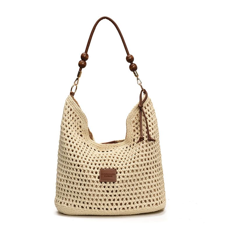 Borsa a tracolla singola in maglia lavorata a maglia con design cavo, per donna, primavera estate 2025, grande capacità, in tessuto, stile pastorale, da spiaggia_voghion.com