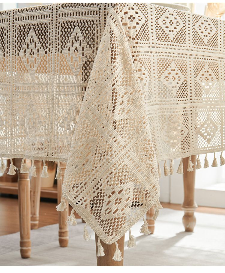 Vintage Crochet Tablecloth – Non-Slip Polyester Lace Table Cover, Elegant Embroidered Square/Round Dining Cloth For Farmhouse, Café, Wedding_voghion.com