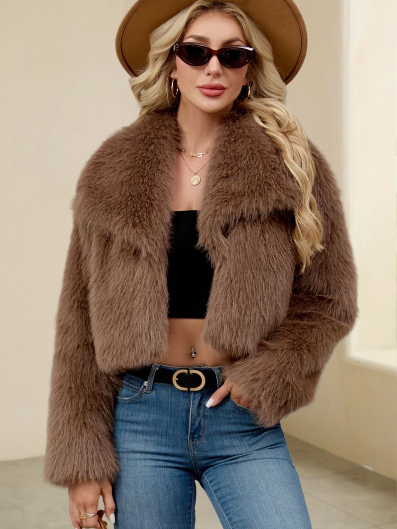Giacca da donna con collo in pelliccia sintetica – Cappotto corto in peluche con revers alto | Lussuosa e calda (S-XXXL)_voghion.com
