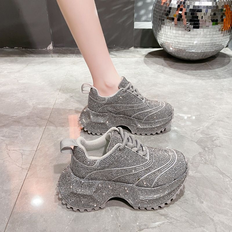 Modische Damen-Sneaker mit Strasssteinen – klobige Plateauschuhe für mehr Körpergröße, atmungsaktives Obermaterial aus PU, lässige und trendige Low-Top-Schnürschuhe_voghion.com