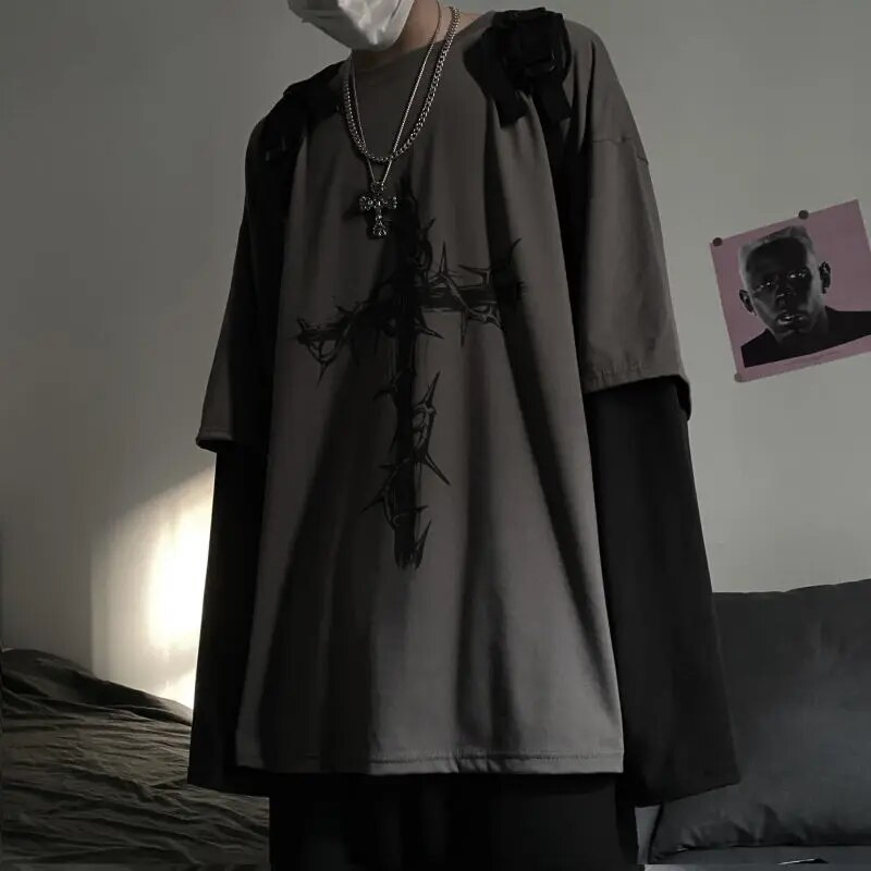 Magliette stile gotico gotico Mall Goth Tops T-shirt oversize a maniche lunghe punk Falso in due pezzi Moda di strada stile coreano338_voghion.com