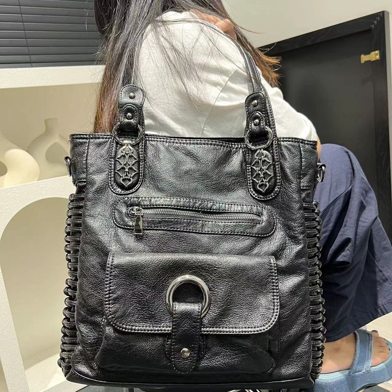 Borsa da donna alla moda, stile retrò, stile vintage, stile motociclista, grande capacità, lavata, multitasche, tracolla_voghion.com