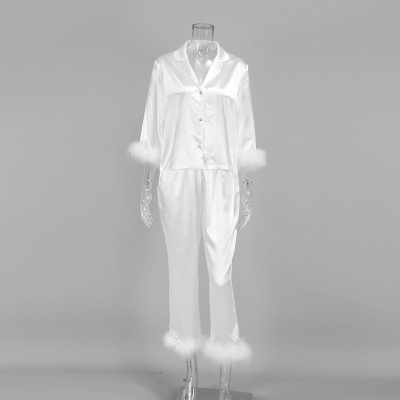 Weiße Strickjacke mit langen Ärmeln, Federhose, Pyjama, zweiteiliges Set, hautfreundliche, weiche Damen-Hauskleidung_voghion.com