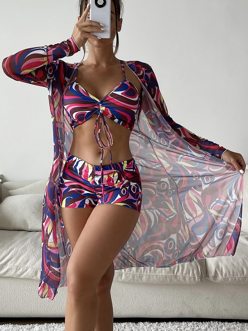 Bikini trois pièces pour femmes, impression numérique, vêtements d'extérieur, pantalons plats, maillot de bain pour femmes_voghion.com