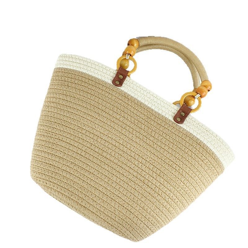Nischendesign Baumwollfaden Mode gewebte Handtasche Schulter große Kapazität Patchwork Strandurlaub Damentasche_voghion.com