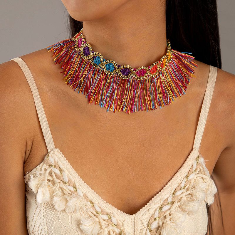Braccialetto con nappe colorate in stile etnico in stile bohémien, gioielli in tessuto per donna_voghion.com