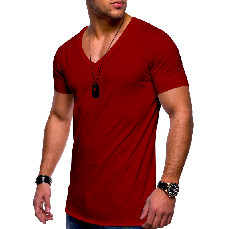 Men's v-neck solid color plus size casual short-sleeved t-shirt_voghion.com