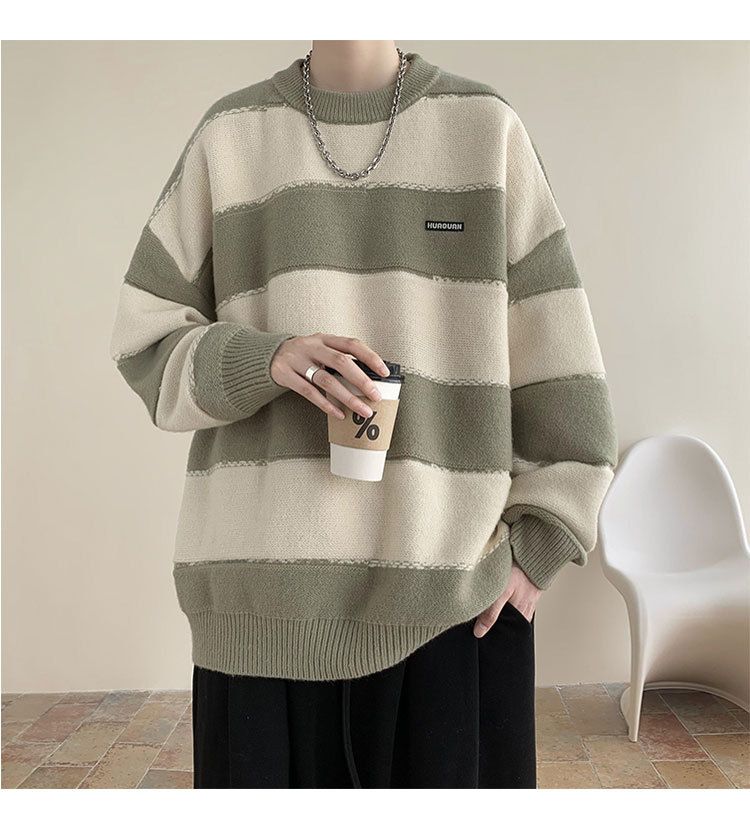 Pull à col rond pour hommes, vêtements Vintage, couleur contrastée, rayé, marque de mode, paire paresseux, surdimensionné_voghion.com