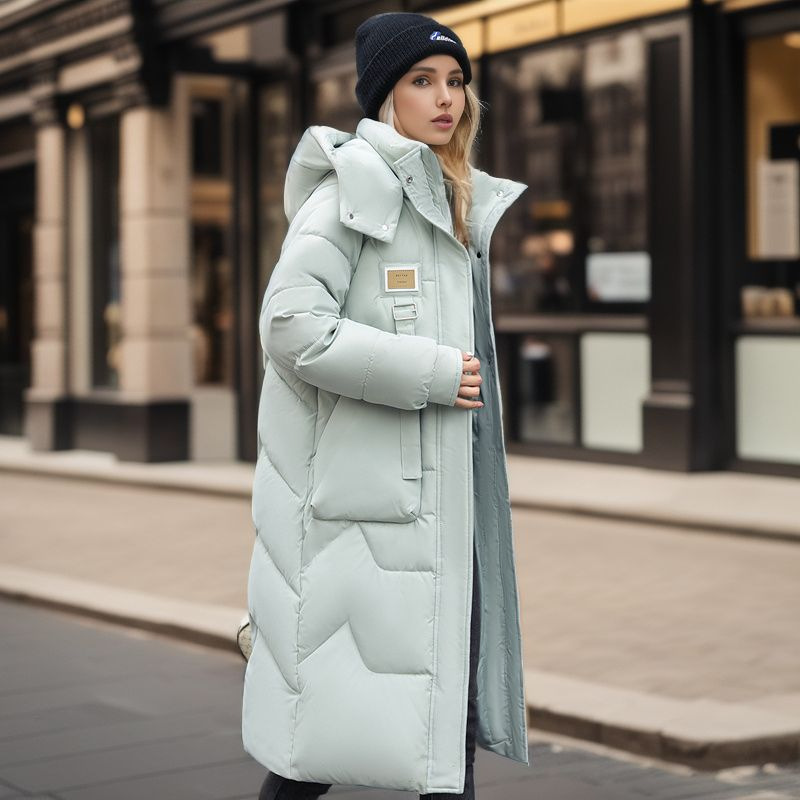 Damen Steppjacke mit abnehmbarer Kappe, mittellang, über dem Knie, verdickte warme Jacke_voghion.com