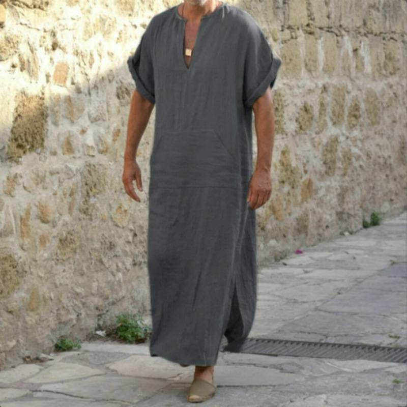 Robă cu mâneci scurte de culoare solidă pentru bărbați caftan islamic musulman Jubba Thobe Robe musulmană caftan casual Dubai Arabia Saudită Abaya Robe 5XL_voghion.com