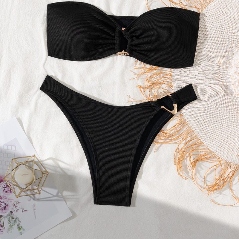 Maillot de bain deux pièces sexy pour femme, bikini fendu, col en V_voghion.com