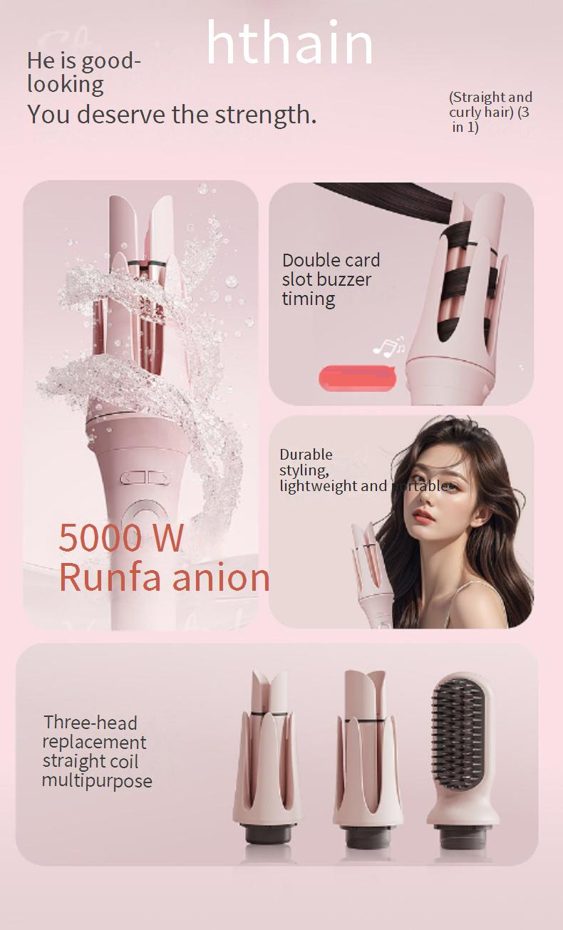 Automatic Hair Styler With Interchangeable Attachments - Ionic Straightener Curling Wand & Volumizing Brush (Damage-Free Fast Heating)_voghion.com