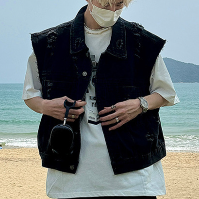 Men's Clothing New Men's Clothing American Retro Niche Design Worn Denim Vest Jacket Ins Men's Washed Old Waistcoat Trend_voghion.com