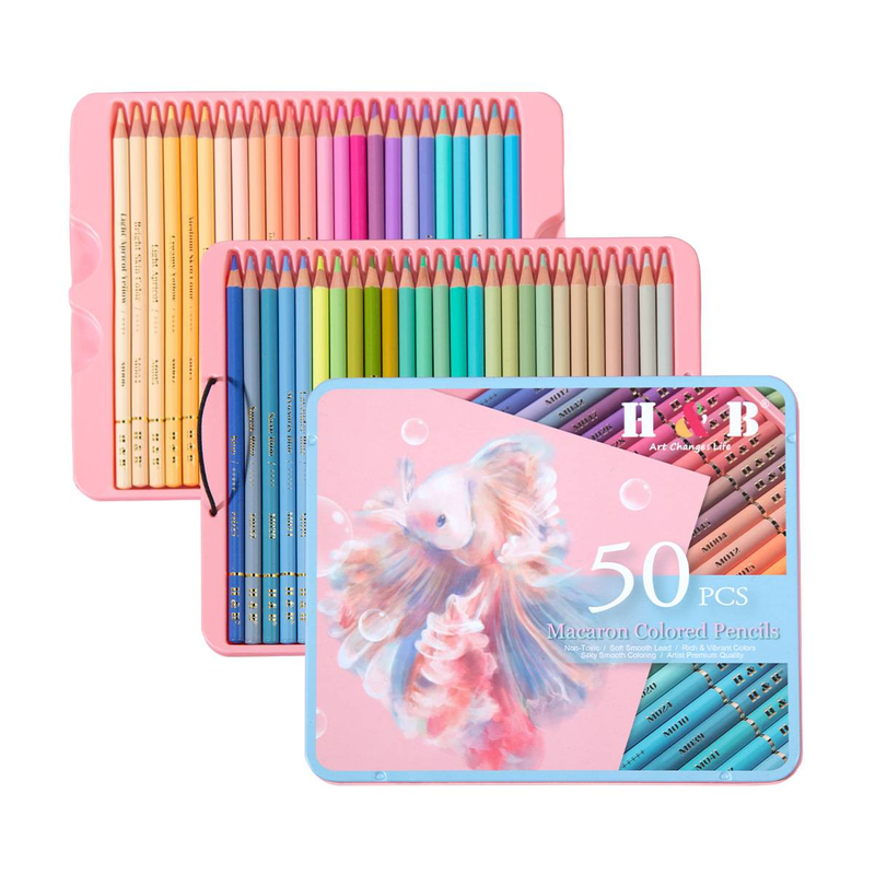 H&B 50 Colors Macaron Oil-Based Colored Pencils Set With Pink Tin Case - Soft & Vibrant Shades For Drawing, Sketching, And Art Projects_voghion.com