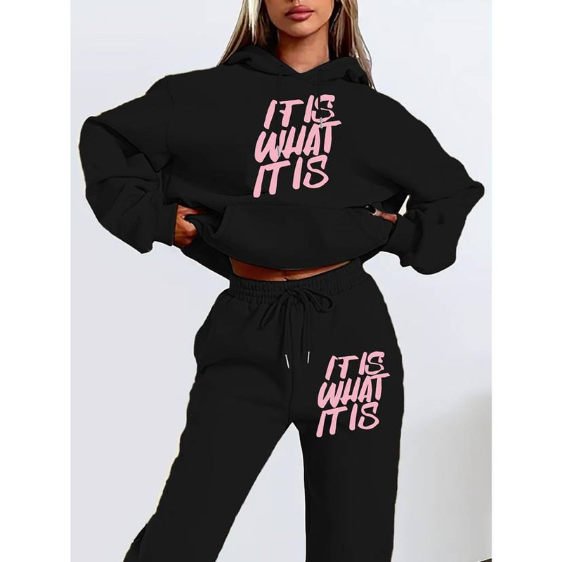 Conjunto de sudadera extragrande para mujer: jersey y pantalón de moda urbana con estampado gráfico_voghion.com