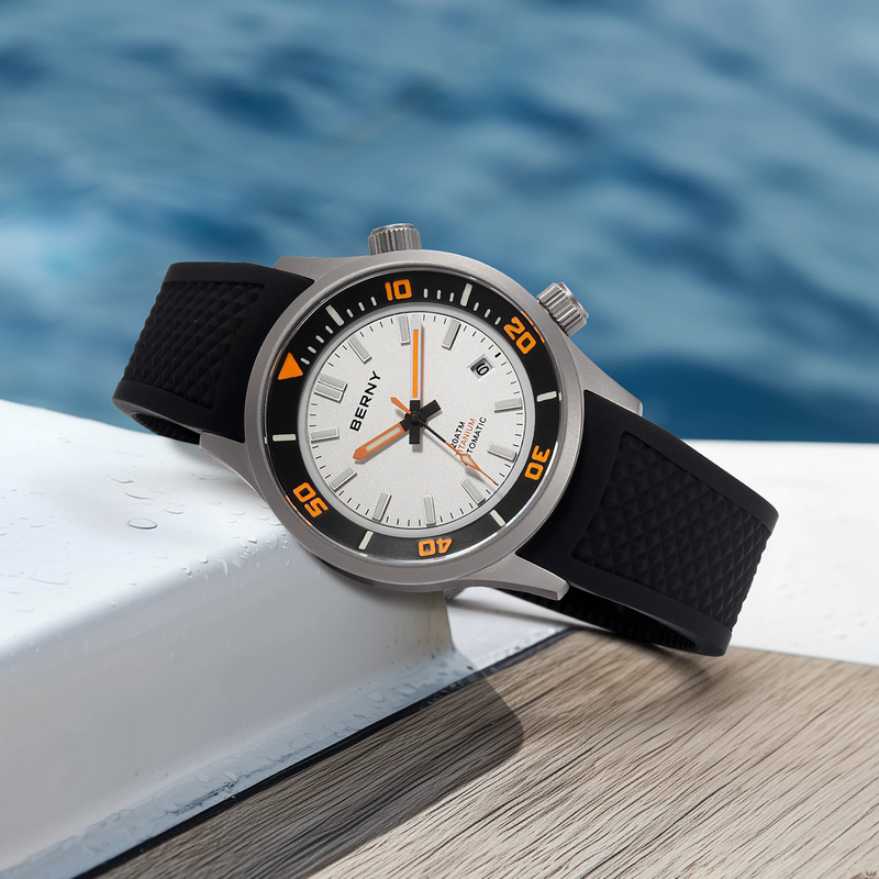 BERNY Automatic Dive Watches For Men 20ATM Waterproof Titanium Watch With Date Super Luminous Silicone Band Sapphire Crystal Analog Mechanical Watch_voghion.com