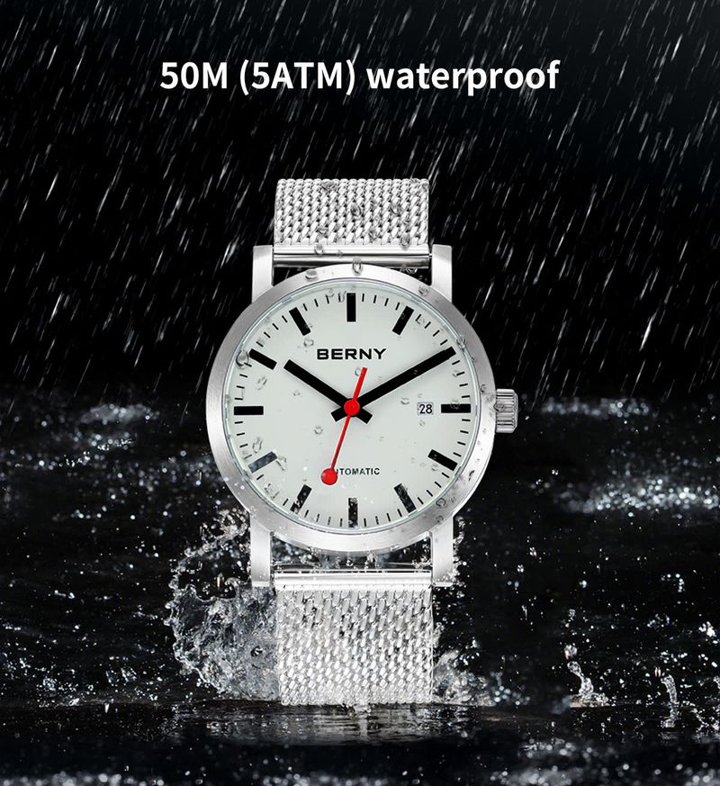 BERNY Automatic Watches For Men Minimalist Stainless Steel Mesh Band Analog Mechanical Watch With Date 5ATM Waterproof Luminous Sapphire Wrist Watch_voghion.com