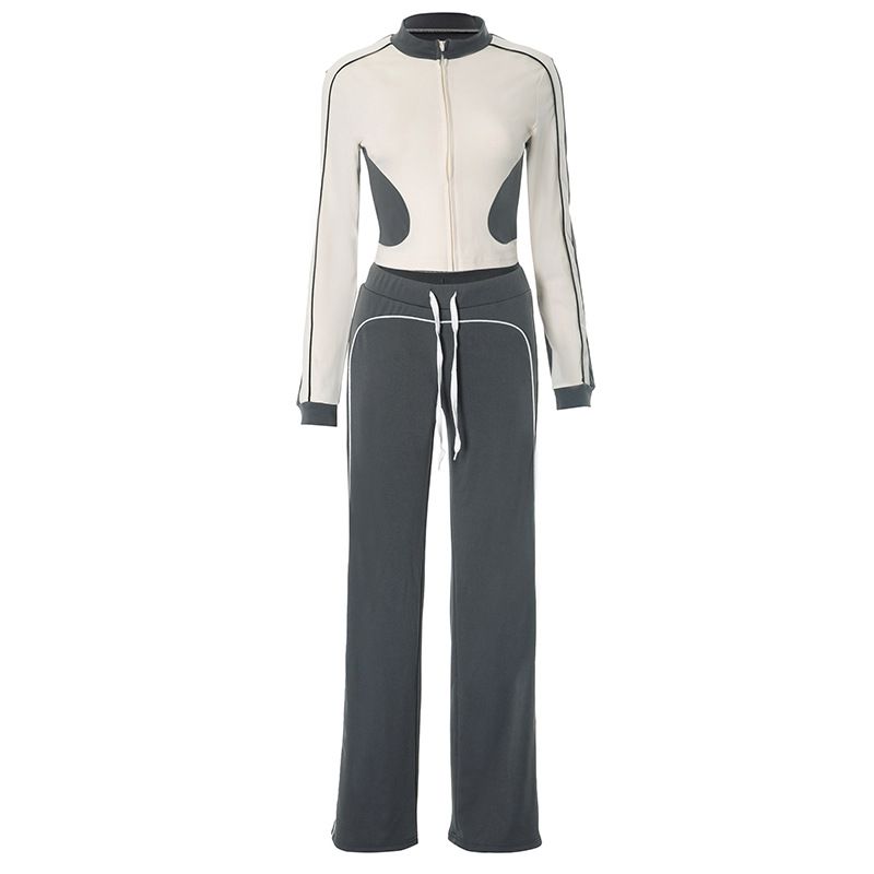 Abbigliamento da donna, linea autunno e inverno, pantaloni a vita alta con elastico in corda, senza colletto, con cerniera, in colori a contrasto_voghion.com