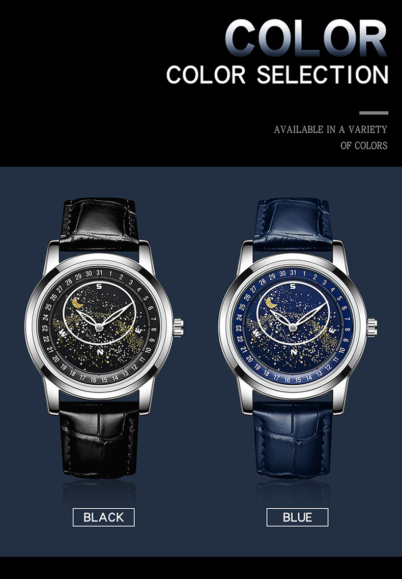Montre mécanique automatique pour homme avec cadran étoilé rotatif, aiguilles lumineuses, étanche jusqu'à 30 m, fermoir en acier inoxydable, bracelet en cuir véritable_voghion.com