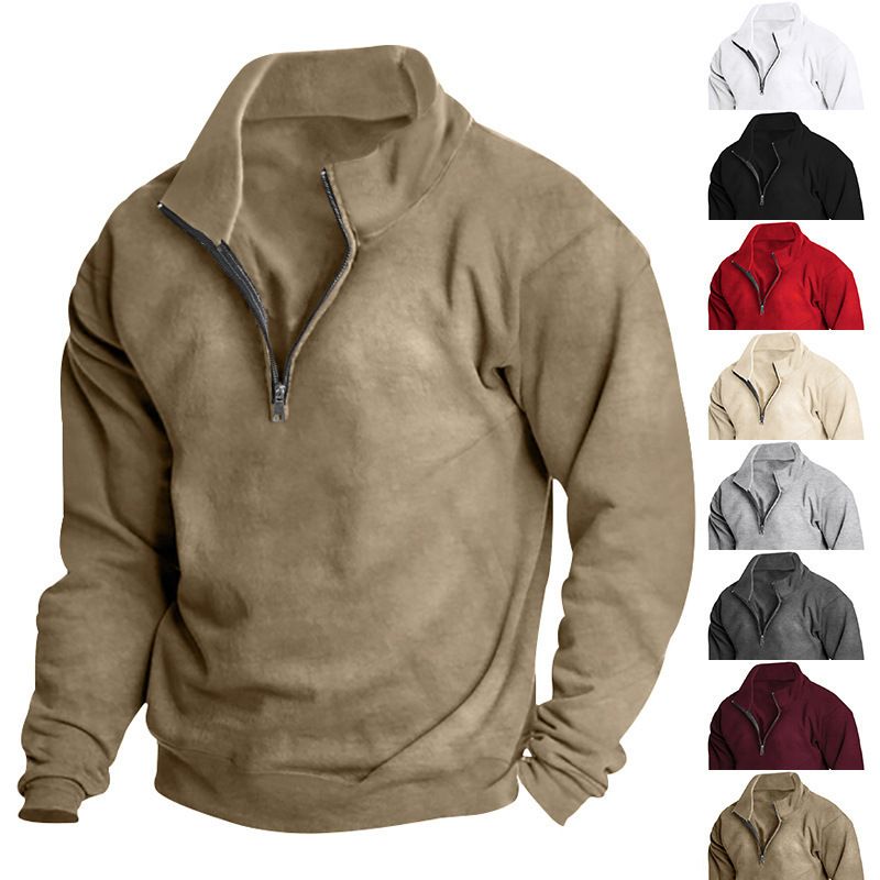 Felpa da uomo con collo alto e cerniera a un quarto - Pullover foderato in pile dalla vestibilità comoda per un look casual e sportivo (bianco, nero, cammello, rosso, vino, albicocca)_voghion.com