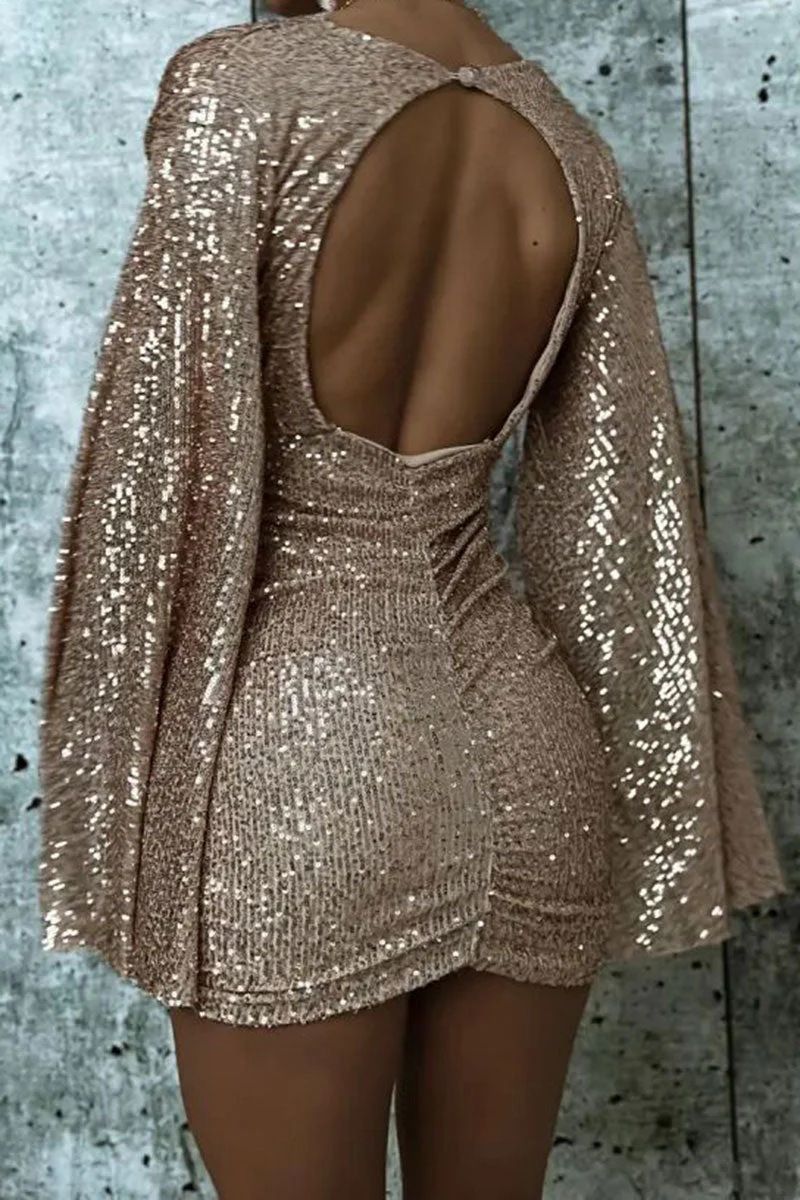 Women's Clothing autumn sexy v neck hip wrapped irregular short skirt sequin dress dress_voghion.com