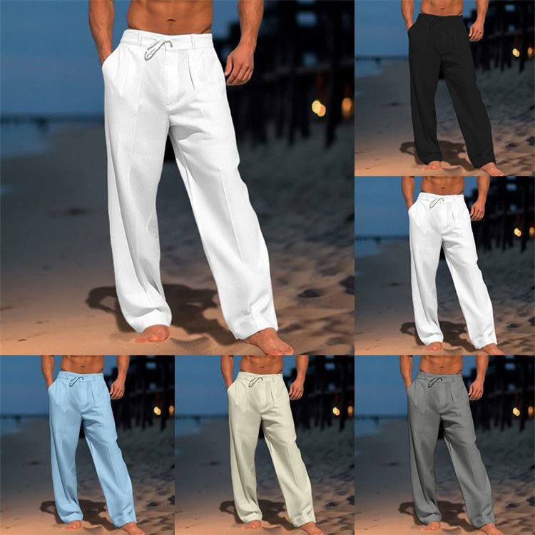 Pantalones de playa largos de lino para hombre, de verano, color liso, cómodos, transpirables, informales, para vacaciones, novedad de 2025_voghion.com