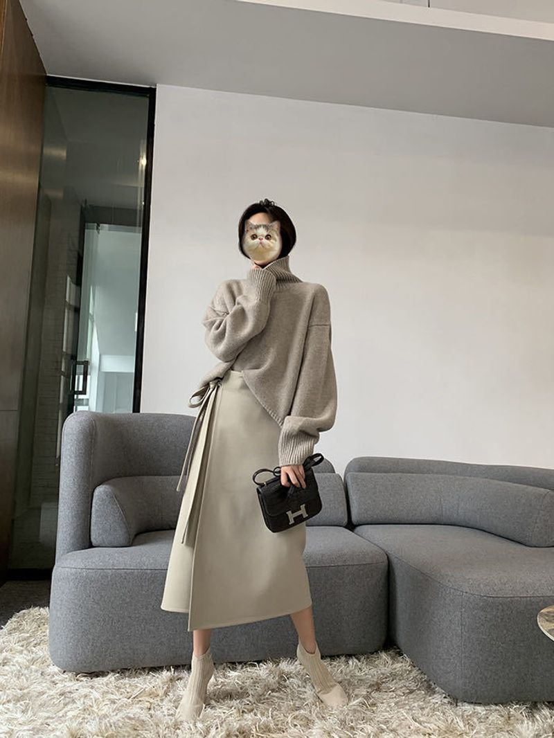 Women's turtleneck soft waxy sweater to wear a loose feeling with lazy wind knit base_voghion.com