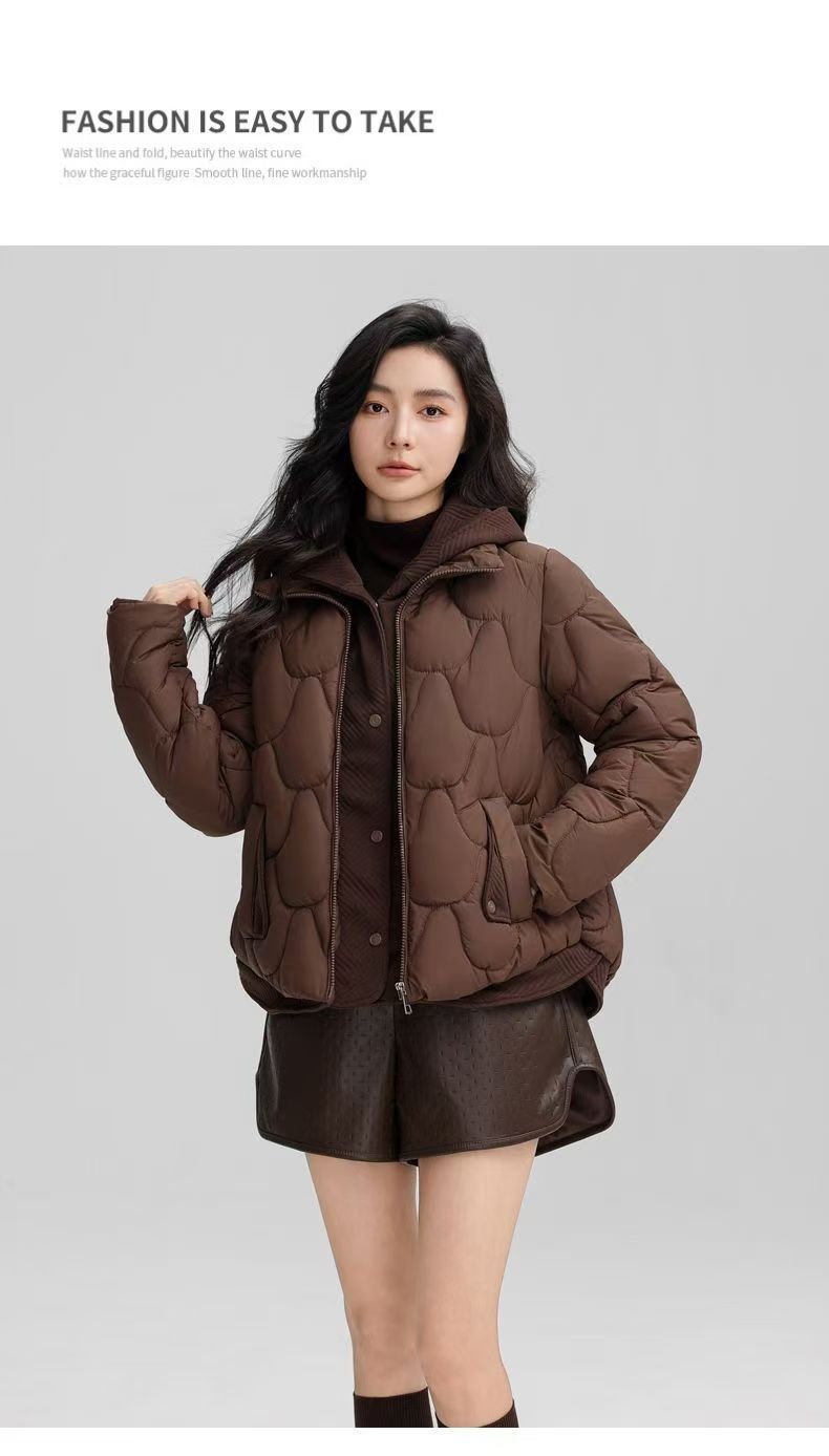 Vêtements pour femmes, doudoune d'hiver à capuche pour femmes, style court, manteau imitation deux pièces, coupe ample, tendance, épais, chaud, matelassé_voghion.com