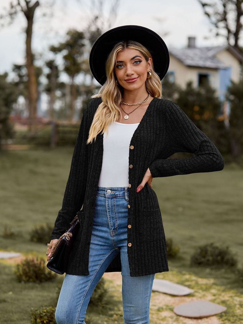 Nueva chaqueta tipo cárdigan de manga larga de color liso con tiras cepilladas para mujer_voghion.com